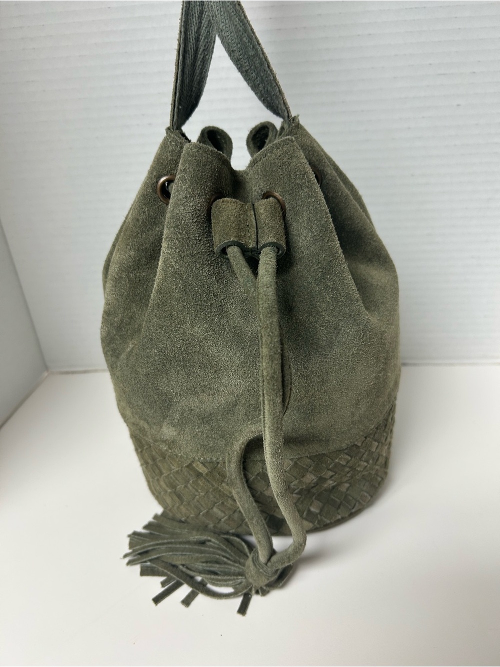 Olive Sage 100% Suede Drawstring Bucket Bag Tassel Basketweave Crossbody Boho